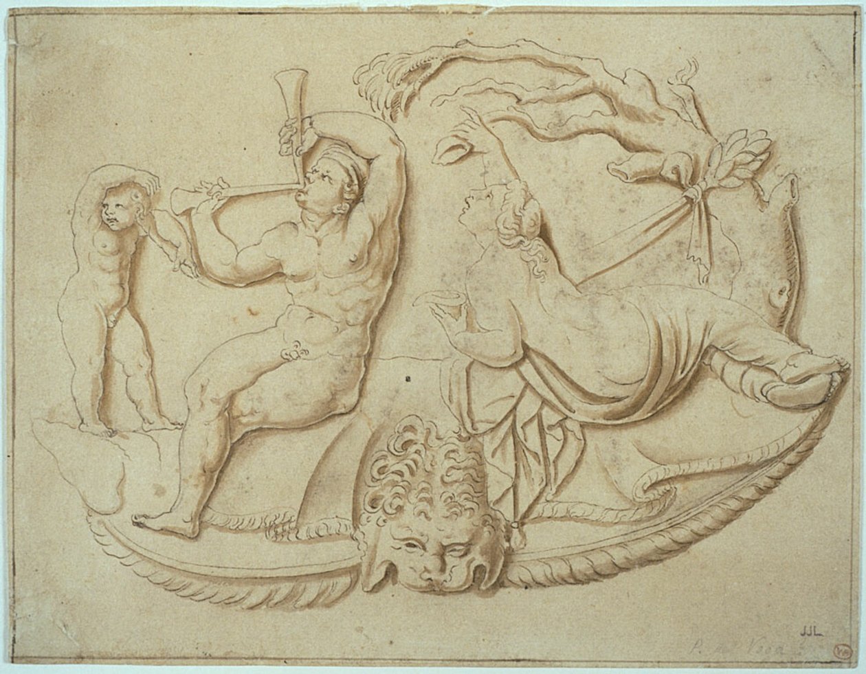 Satyr with Two Pipes and Putto and Woman Taking Drink from Tree by Giulio Romano