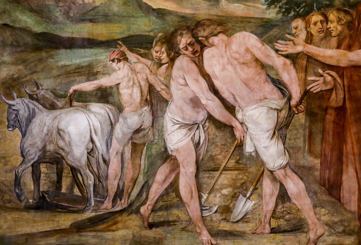 Romulus Plows the Boundary Line Around the Future City of Rome (detail) by Giuseppe Cesari