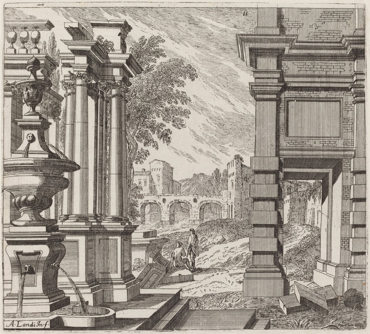 Architectural Fantasy with a Fountain, Classical Ruins, and a Bridge by Giuseppe Antonio Landi