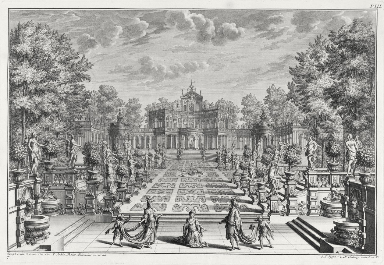 Setting for an opera in a garden, from Architectus Theatralis Primarius, engraved by Johann Andreas Pfeffel by Giuseppe Bibiena