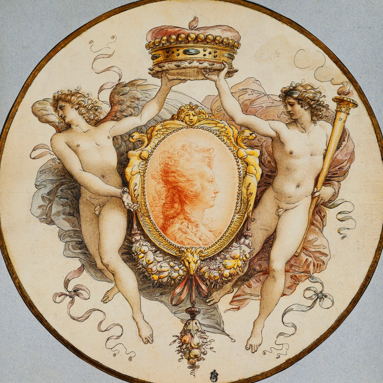An Oval Portrait of a Woman in Profile with a Decorative Border of Grotesques and Swags, with Flanking Allegorical Figures of Fame and Victory Holding a Coronet by Giuseppe Cades