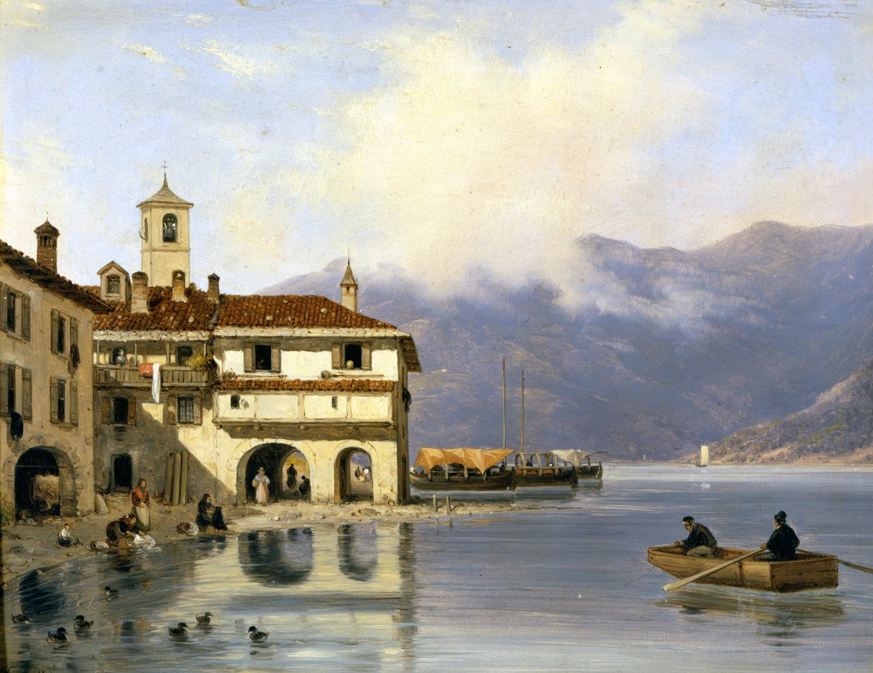 Como. Shore and port of Menaggio (1850). Painting by Canella. Menaggio (Como) by Giuseppe Canella