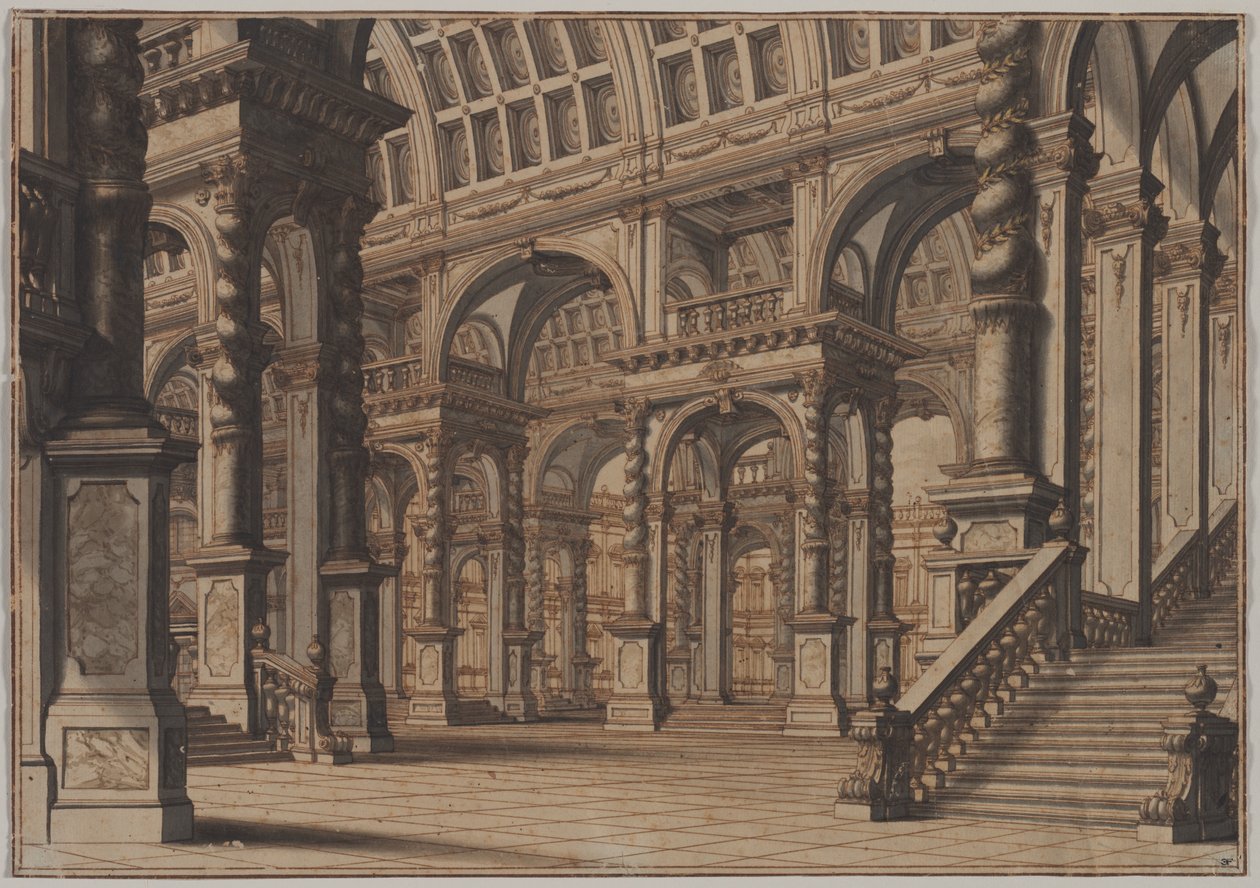 Monumental Vaulted Hall with Staircase, Second Quarter 18th Century by Giuseppe Galli Bibiena