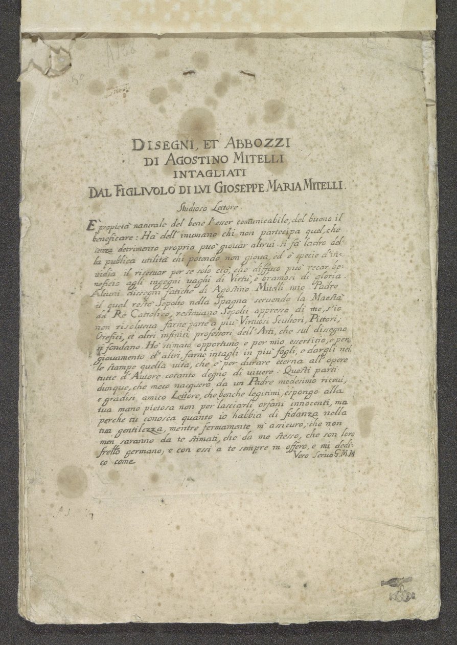 Title Page with Foreword and Dedication (Ornaments series) (Disegni, et Abbozzi di Agostino Mitelli Intagliati Dal Figluolo di Lui Gioseppe Maria Mitelli) by Giuseppe Maria Mitelli