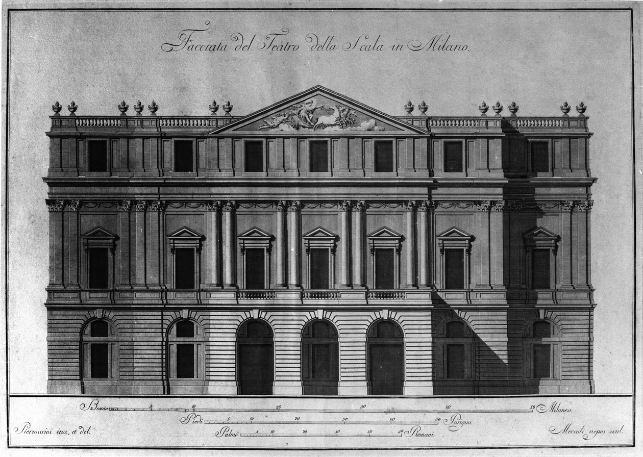 Drawing of the Exterior Architecture of the Facade of Teatro alla Scala by Giuseppe Piermarini