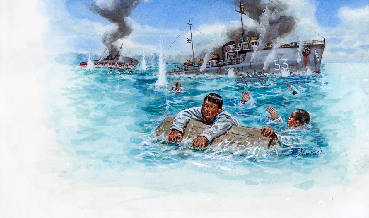 French-Thai War (1940-1941): naval battle between the army of Thailand of General Plaek Pibulsonggram dit Phibun and the French army of the government of Vichy in Indochina - Illustration by Giuseppe Rava by Giuseppe Rava