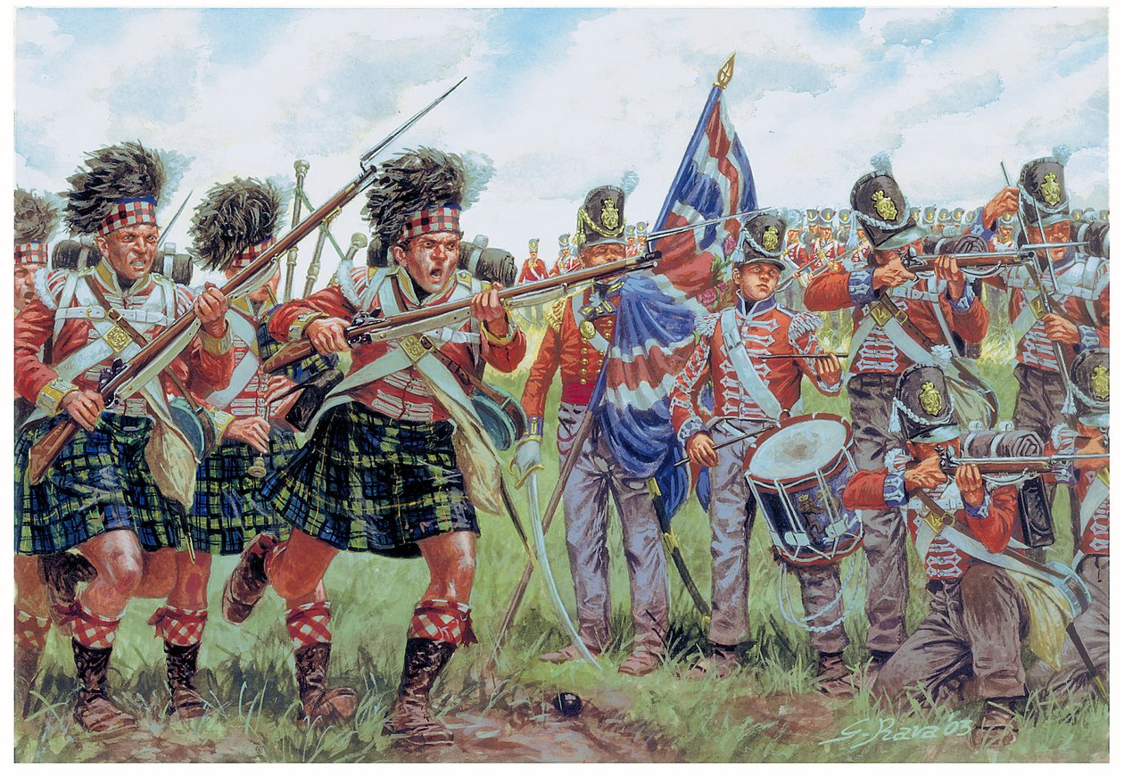 Scottish and British Soldiers at Battle of Waterloo on 18th June 1815 (Illustration by Giuseppe Rava) by Giuseppe Rava