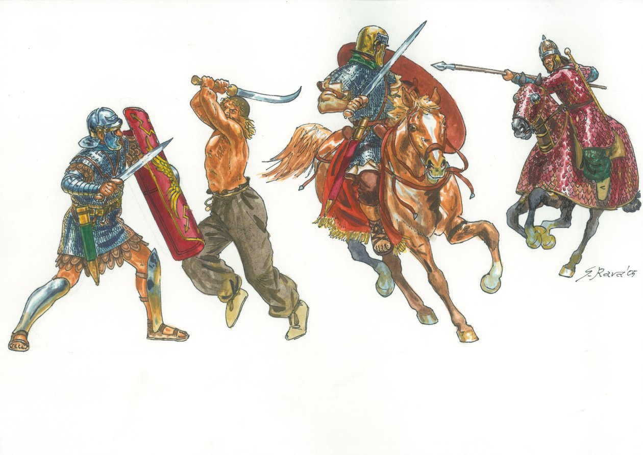 Roman legionary fighting a Dacian warrior and Roman horseman against a Sarmatian Cataphract by Giuseppe Rava