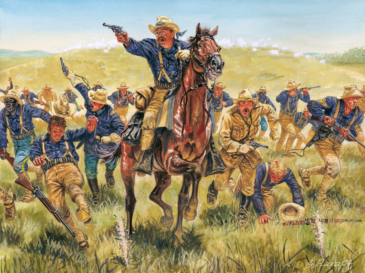 Spanish-American War or Cuban Independence War (1868-1898): portrait of American soldier and politician Theodore Roosevelt charging with the Rough Riders in Cuba by Giuseppe Rava