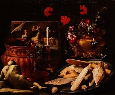 Still Life with Flowers in a Gilt Urn, a Painting and Cakes on a Salver by Giuseppe Recco