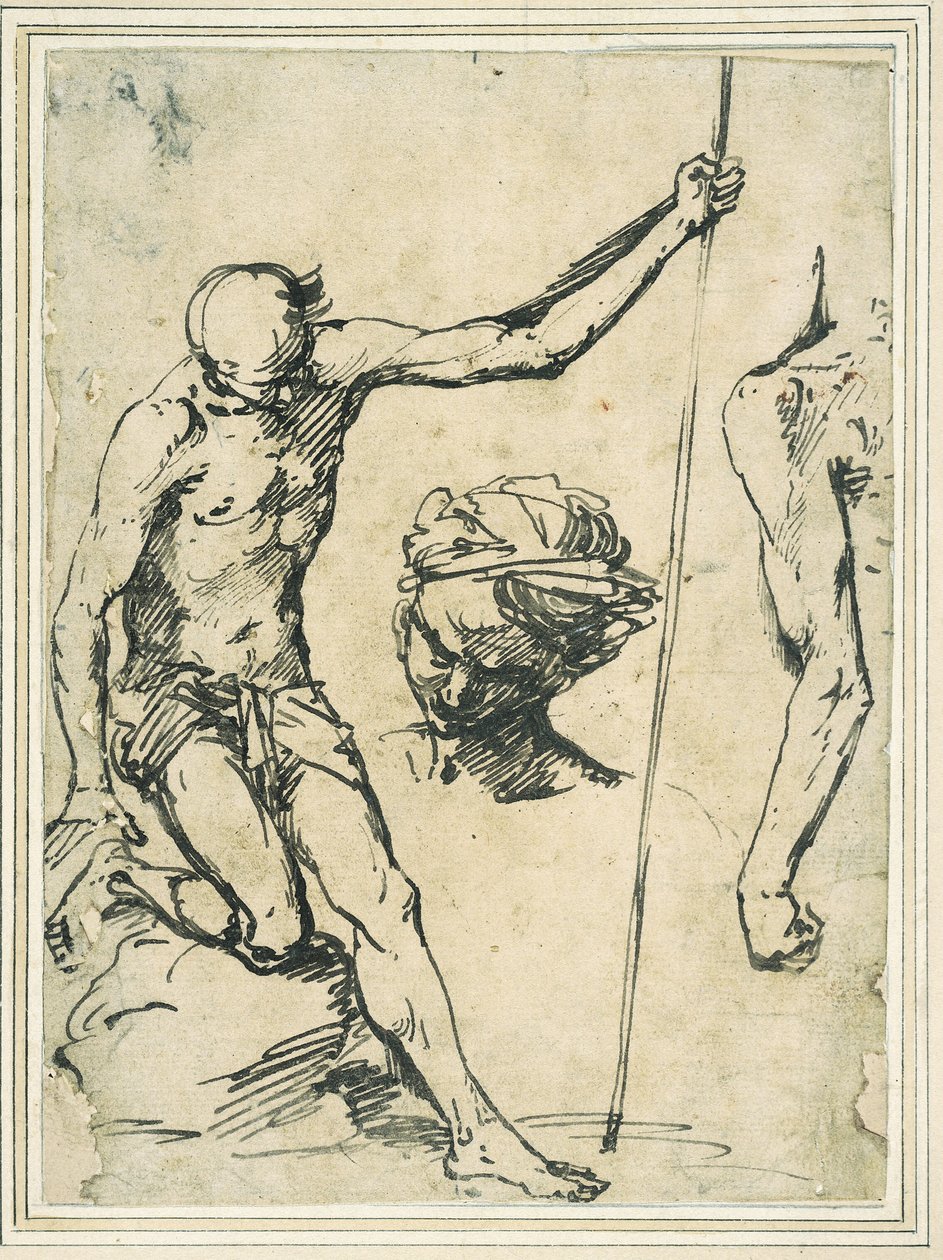 Figure studies: man holding a pole, head of a man with a turban, and a left arm seen from behind by Giuseppe Ribera
