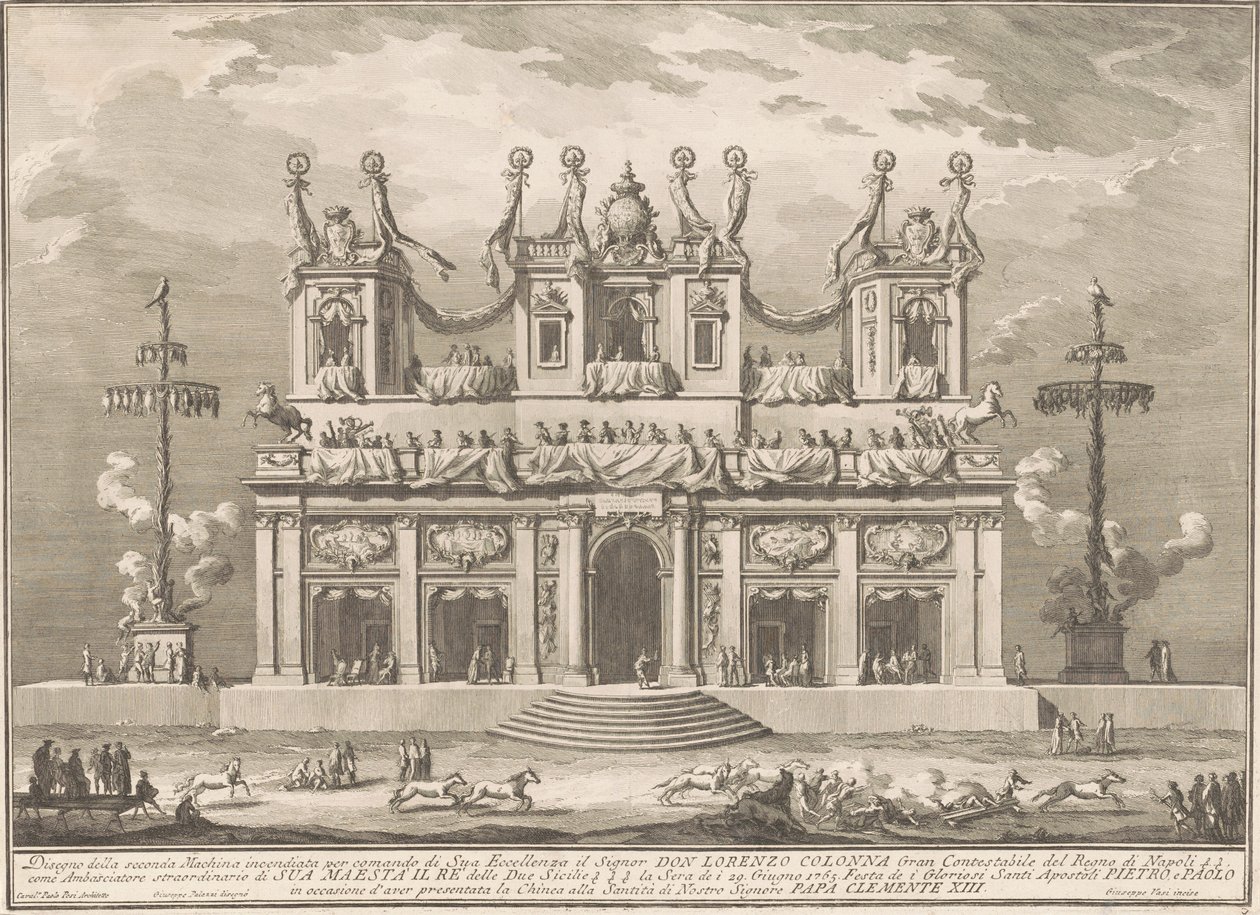 The Seconda Macchina for the Chinea of 1765: A Decorated Building with Cockaigne Poles by Giuseppe Vasi, after Giuseppe Palazzi, after Paolo Posi