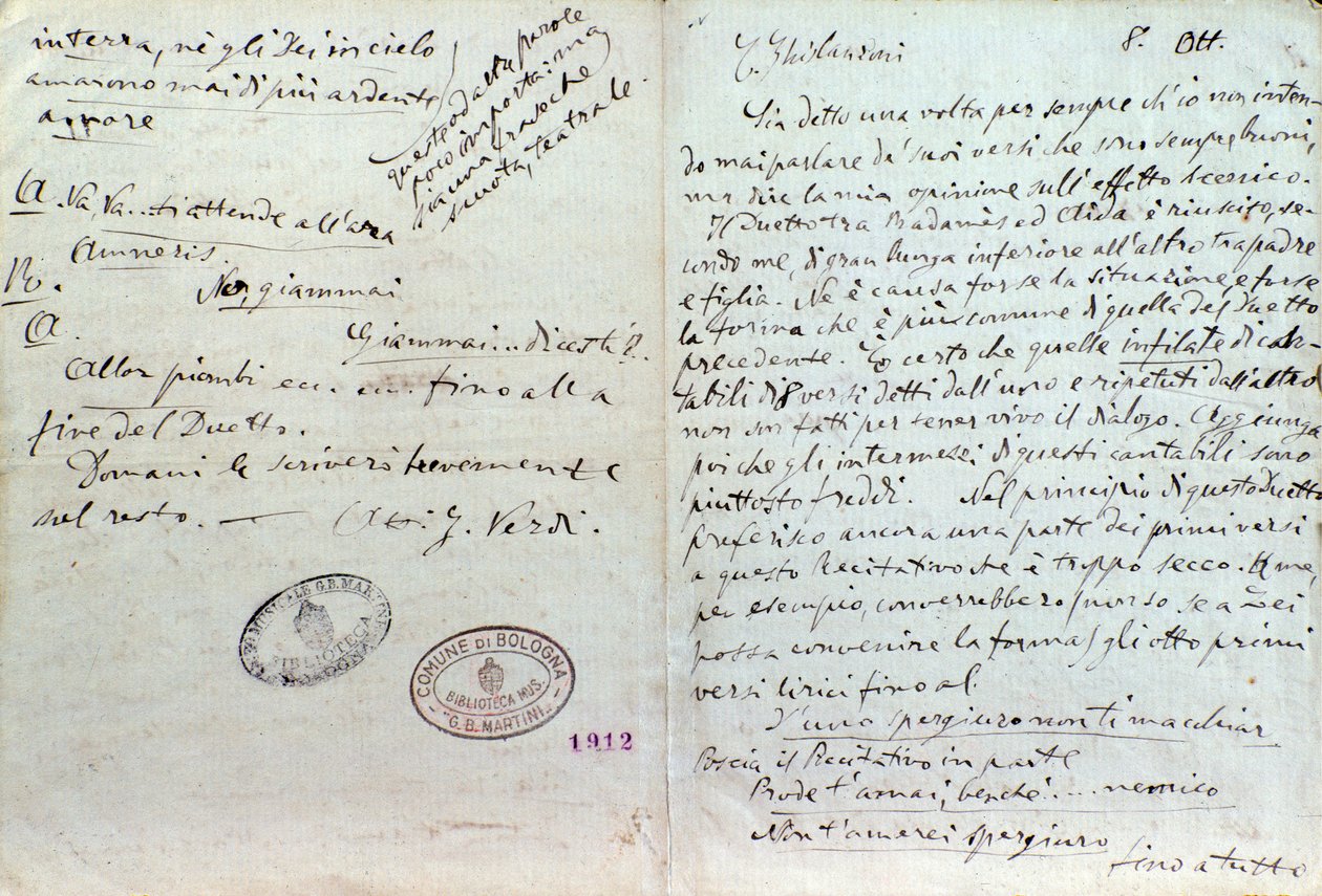 Handwritten Letter of Giuseppe Verdi to Aida Librettos Author Antonio Ghislanzoni by Giuseppe Verdi