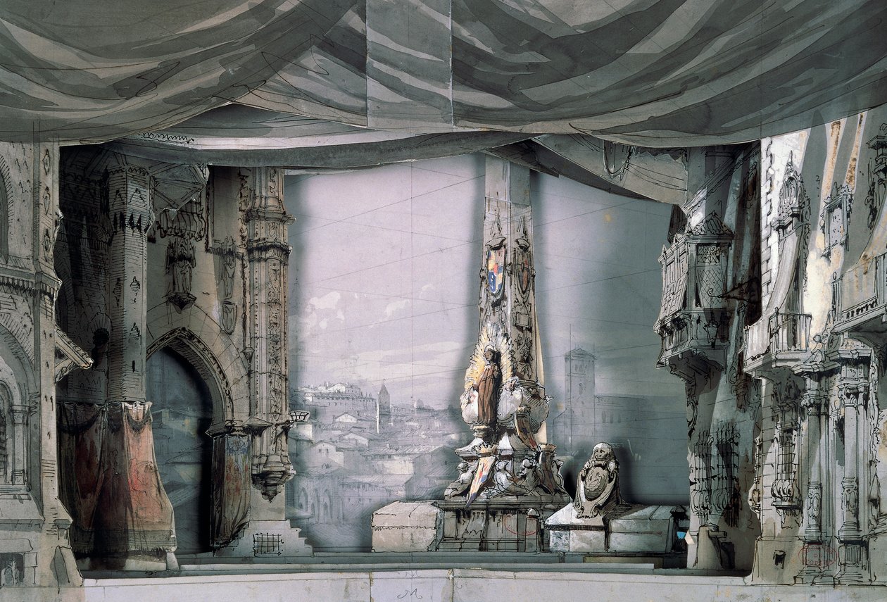 Square in front of Cathedral of Valladolid, Act III, Scene IV, set design for Don Carlos by Giuseppe Verdi by Giuseppe Verdi