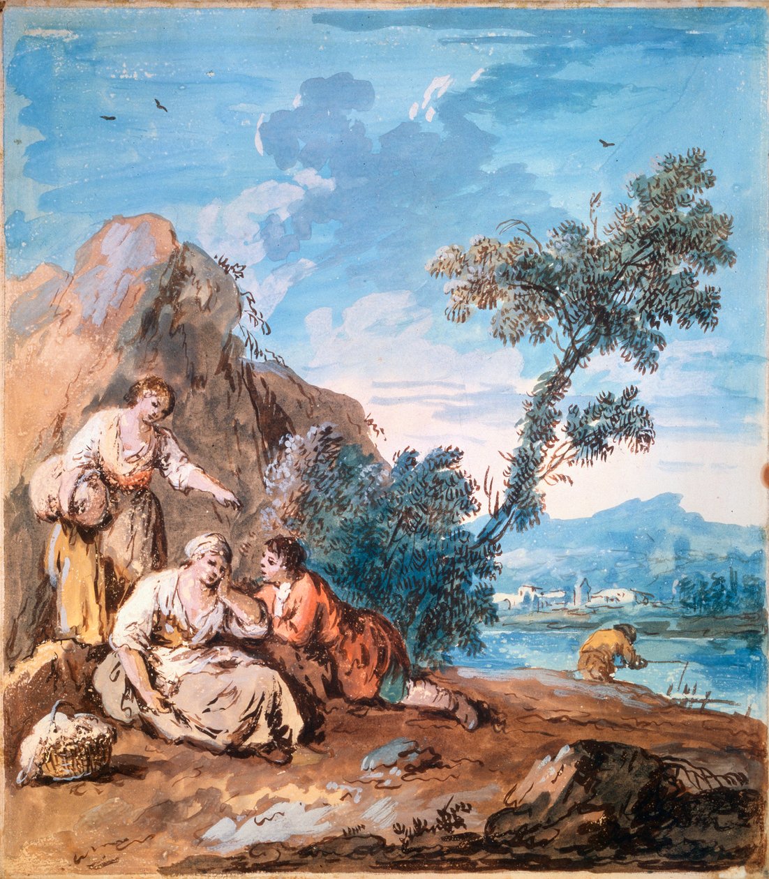 Three peasants resting on a river bank by Giuseppe Zais