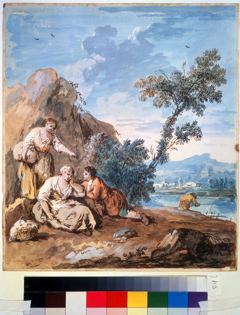 Three Peasants Resting on a River Bank by Giuseppe Zais