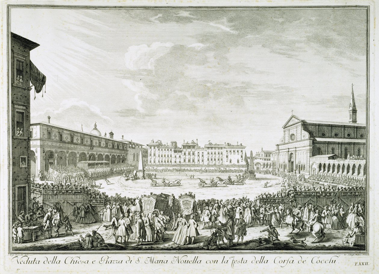 Festa della Corsa dei Cocchi in Piazza Santa Maria Novella. The feast of Corsa dei Cocchi square of the Church of Santa Maria Novella in Florence. Drawing by Giuseppe Zocchi. Firenze, Biblioteca Riccardiana. by Giuseppe Zocchi