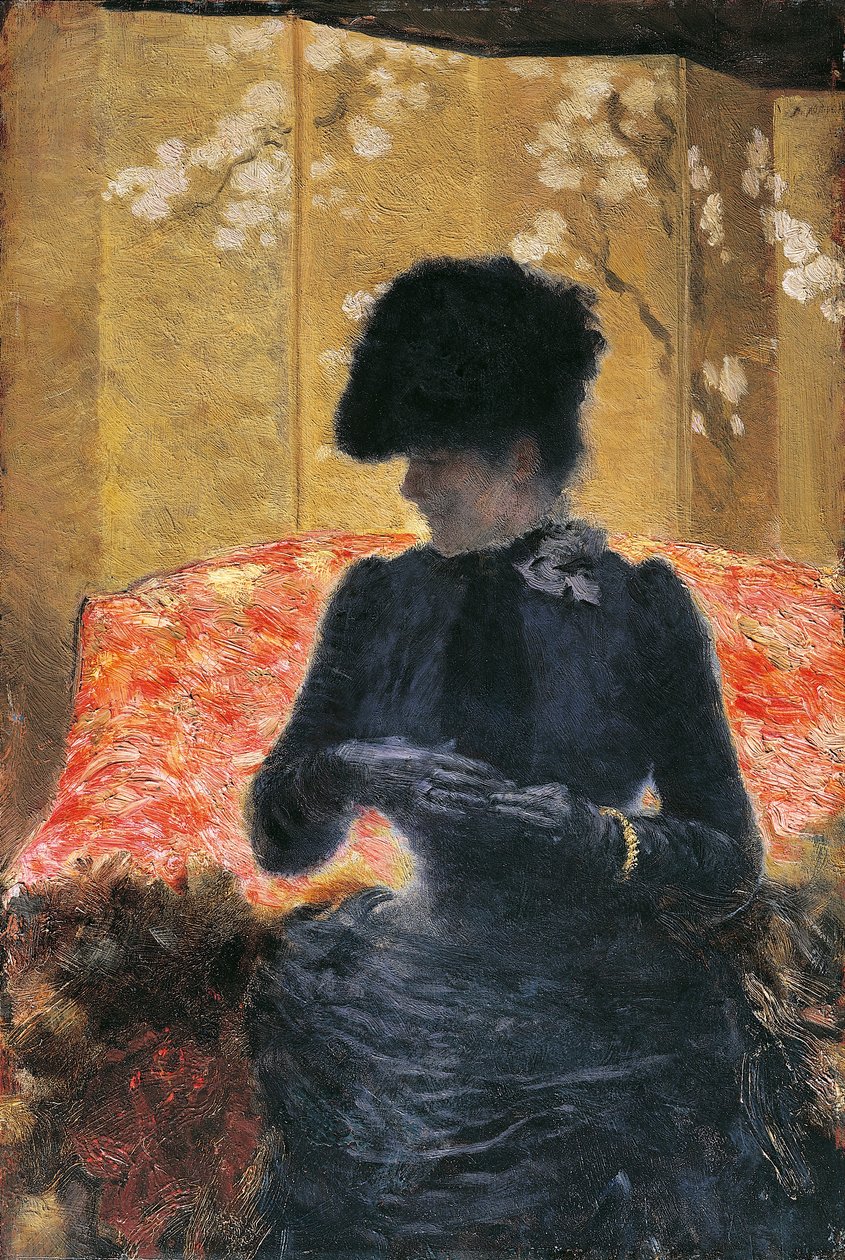 Woman on red sofa by Giuseppe or Joseph de Nittis