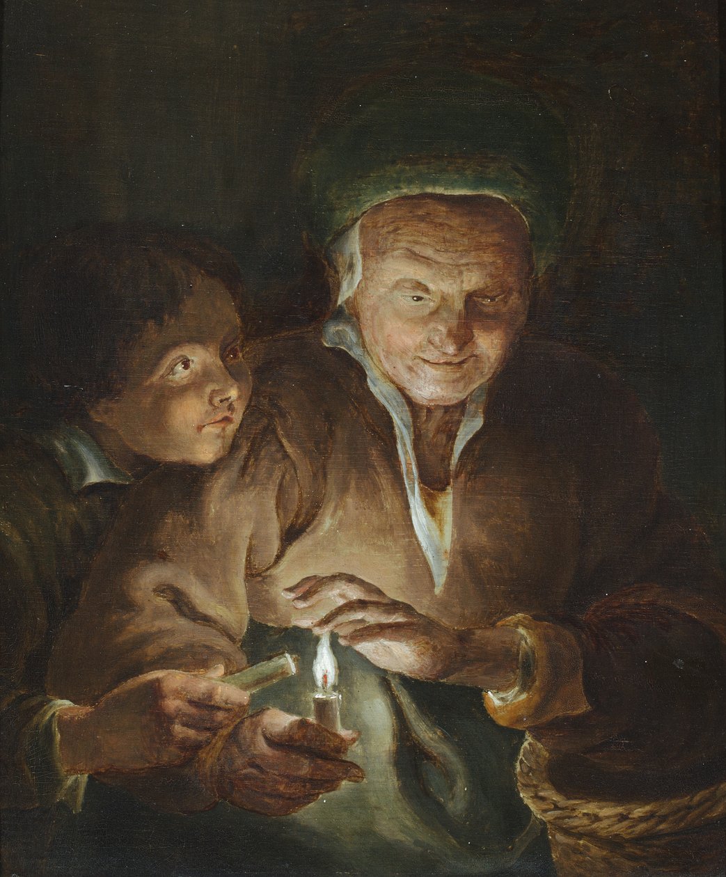 An Old Woman and a Boy with Candles in an Interior by Godfried (after) Schalken or Schalcken