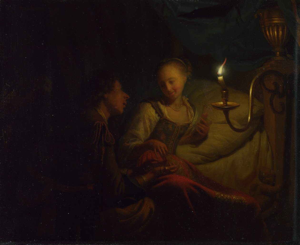 A Candlelight Scene: A Man Offering a Gold Chain and Coins to a Girl Seated on a Bed by Godfried Cornelisz Schalcken