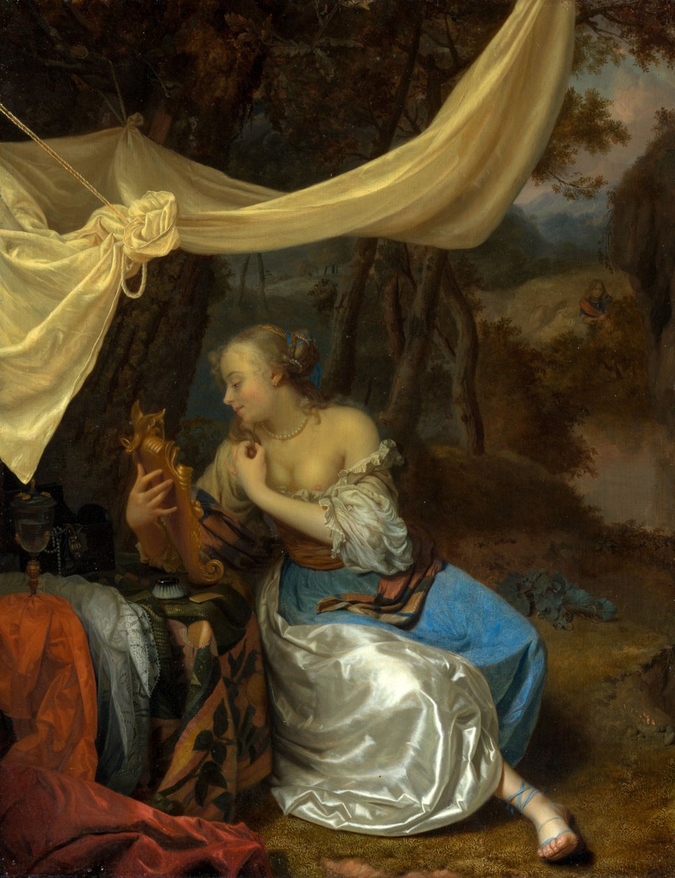 Lady with Mirror under a Canopy in a Wooded Landscape by Godfried Schalcken