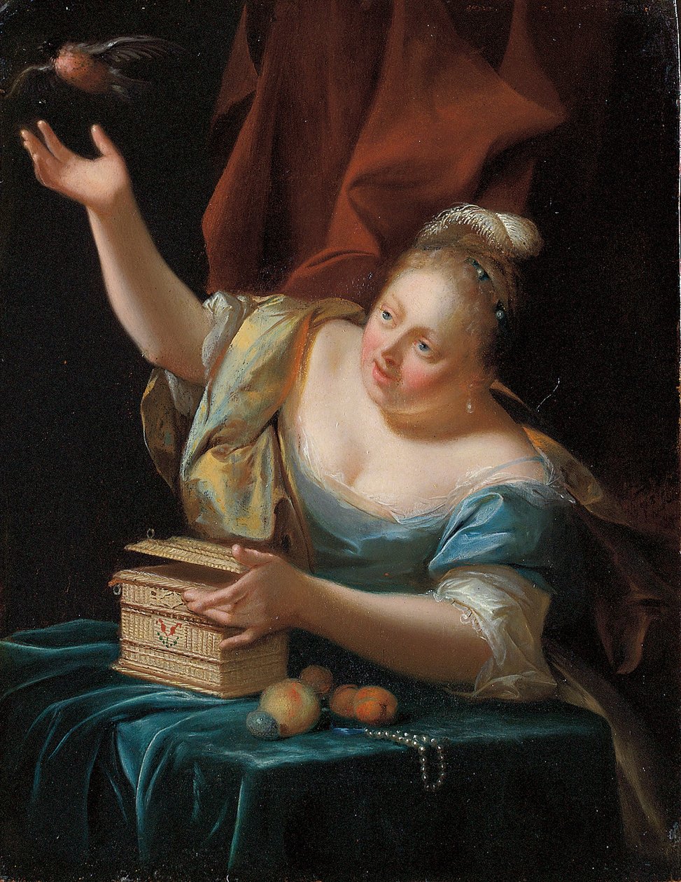 A Woman, Seated by a Table in Fancy Costume, Freeing a Songbird from Its Cage by Godfried Schalcken