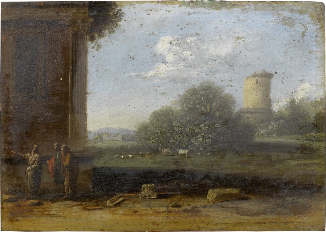 An Italianate Landscape with Figures Conversing in the Foreground by Goffredo Wals