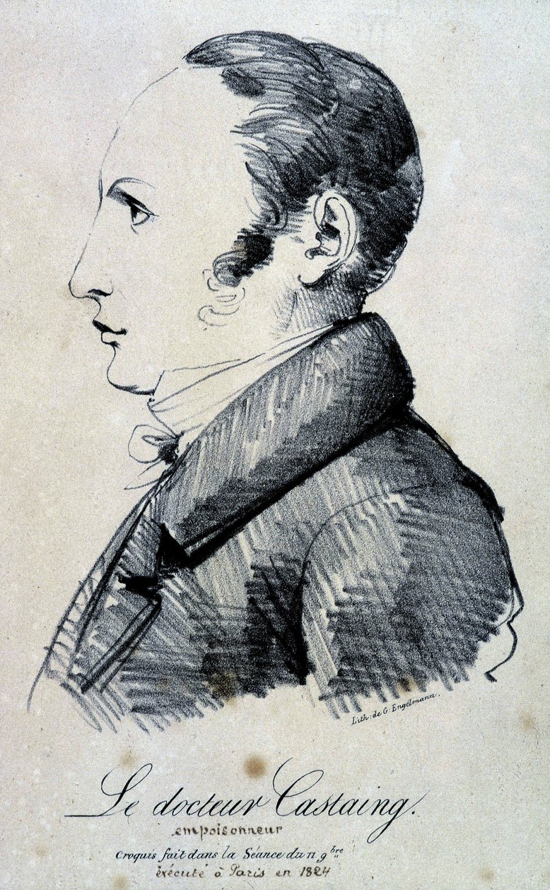 Portrait of Dr. Castaing, poisoner. He used morphine salt, hydrochloride to kill his friend Hippolyte Ballet in 1823. It was executed in Paris in 1824. Lithograph by Engelmann from a sketch made in the November 11 session by Gottfried or Godefroy Engelmann