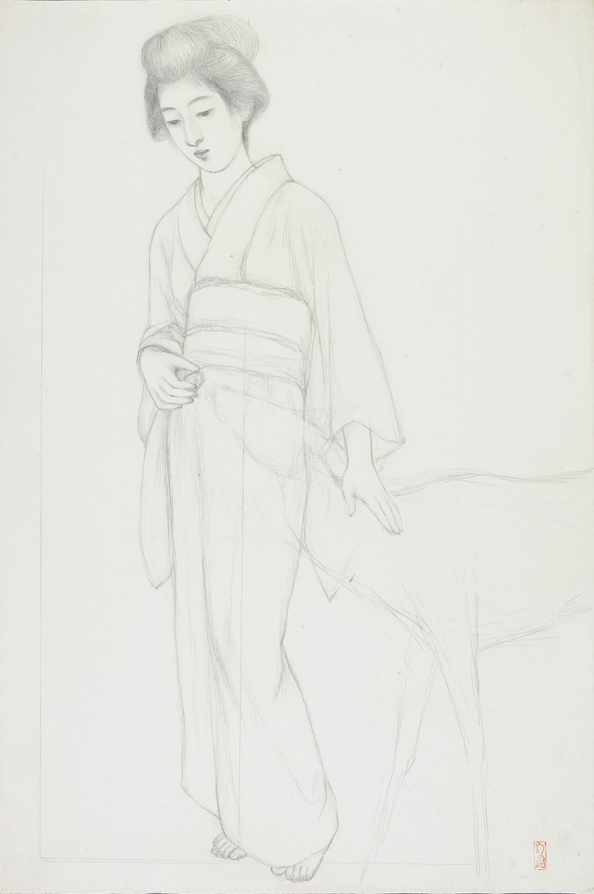 Drawing of Woman Stroking a Deer by Goyo Hashiguchi