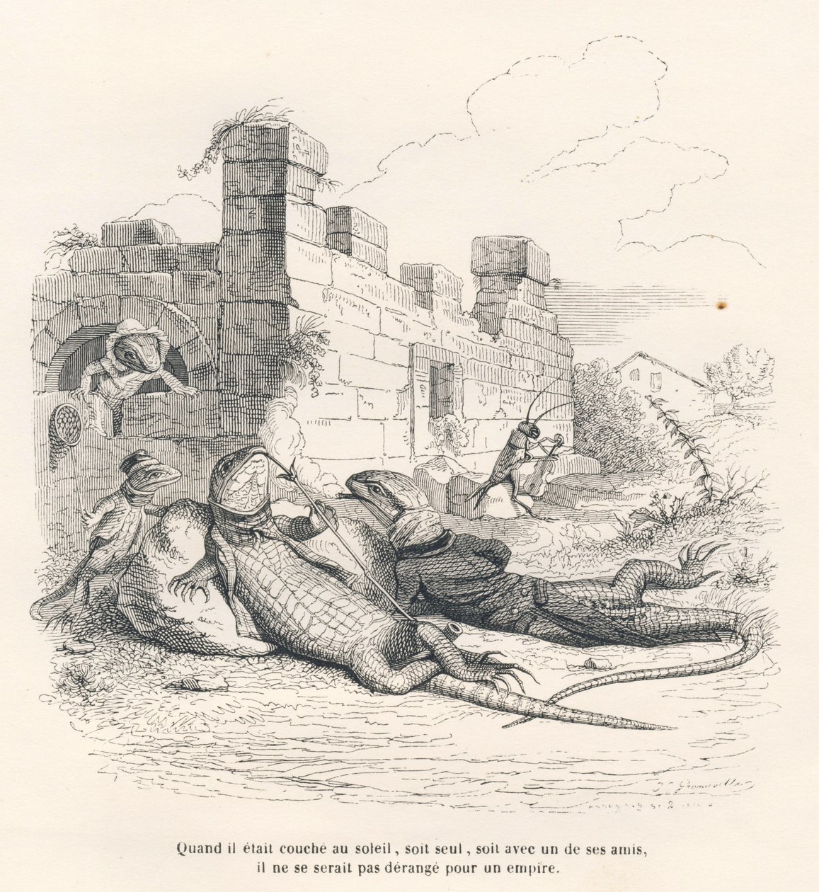 Lizard smoking in the sun with one of his friends. Illustrated vignettes by JJ Granville. Engraving signed Andrew, Best and Leloir in the section titled "Memories of an Old Crow" written by PJ Stahl in "Scenes from the Private and Public Life of Animals".  by Grandville