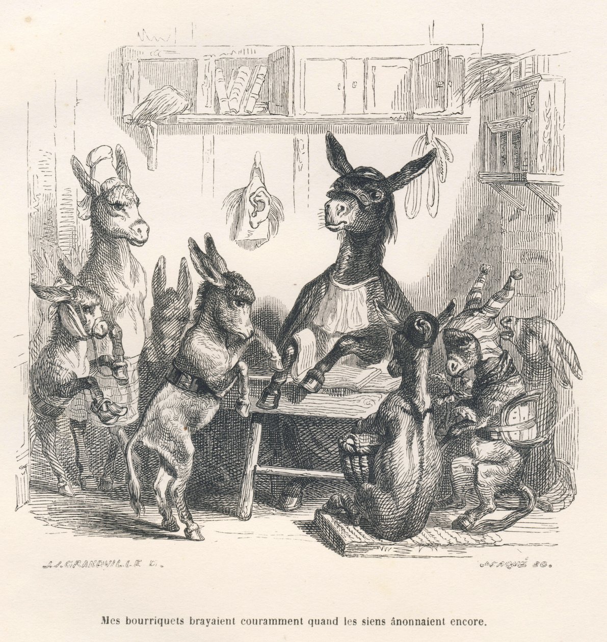 Donkeys at School. Illustrated Vignettes by JJ Granville. Engraving signed Caque in the section 