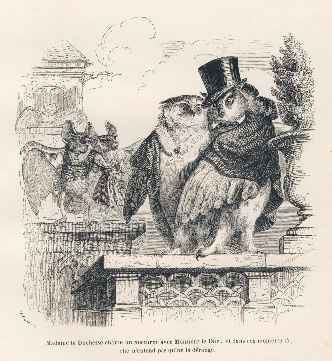 Bat Listening to an Owl and a Hawk Singing. Illustrated Vignettes by JJ Granville. Engraving Signed Breviere in the Section Titled 