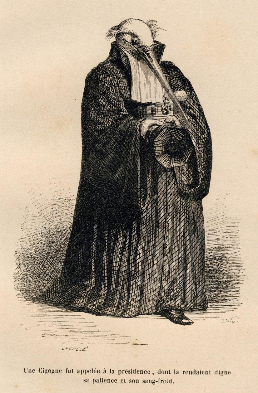 Stork as Judge. Illustrated vignettes by JJ Granville. Engraving signed Caque in the section titled 