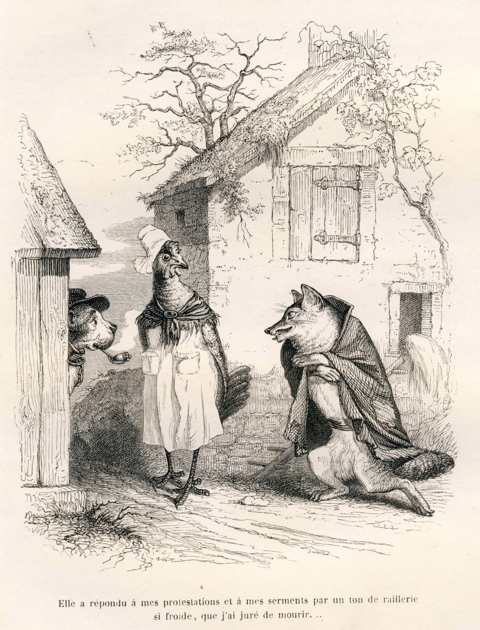 Conversation Between a Dog, a Hen and a Fox. Illustrated Vignettes by JJ Granville. Engraving Signed Godard in the Section Titled 