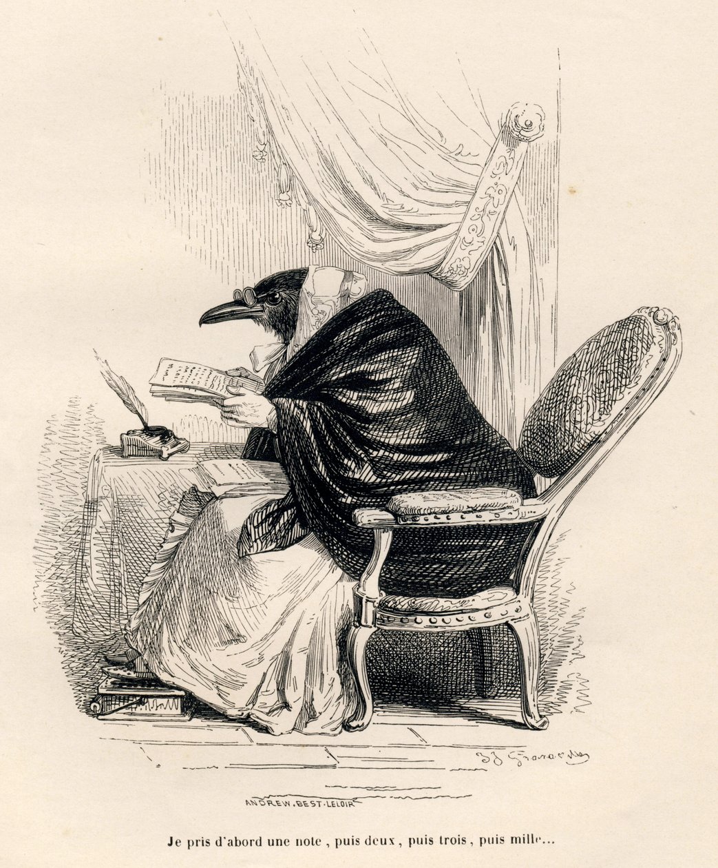 Crow Writing. Illustrated Vignettes by JJ Granville. Engraving Signed Andrew, Best and Leloir in the Section Titled 