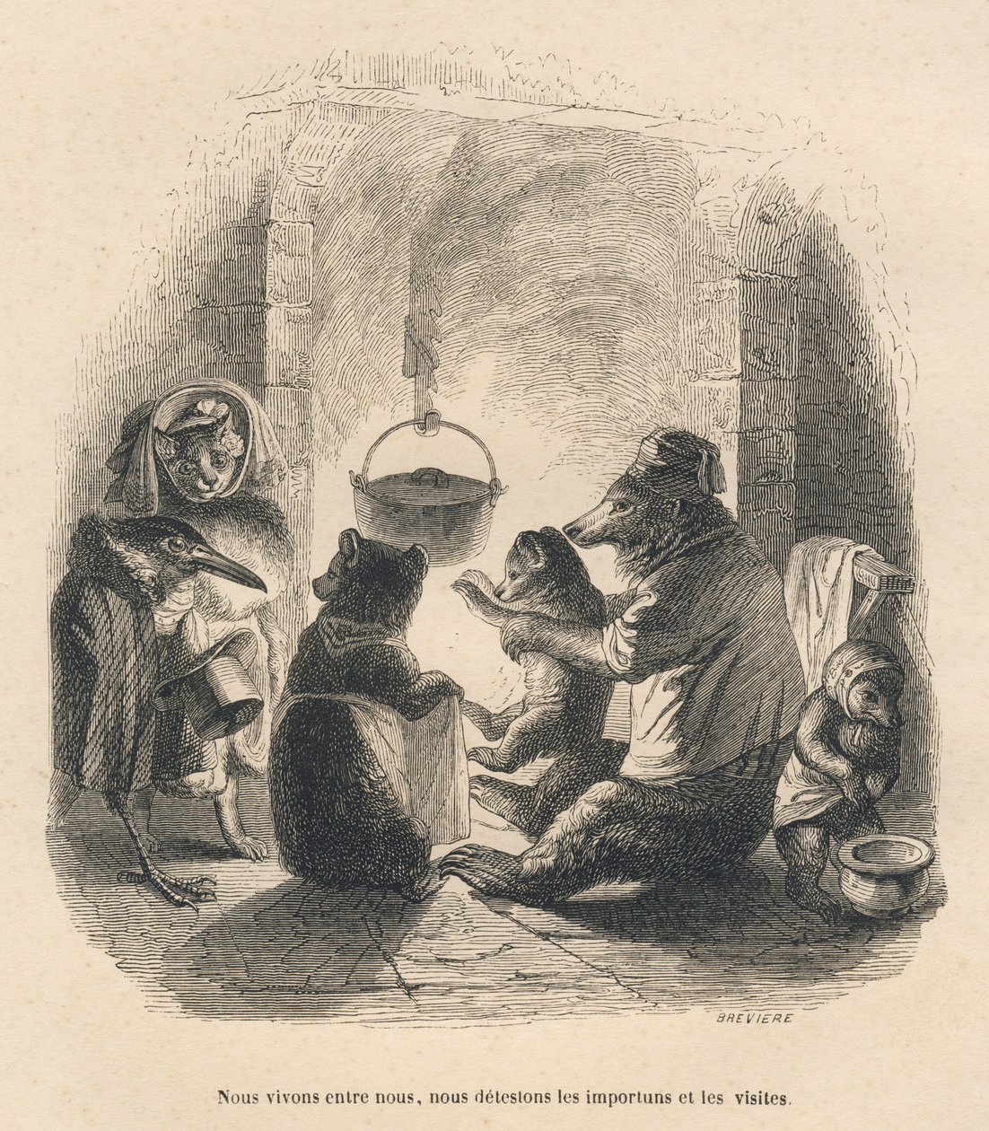 Two Visitors Annoying the Bear Family Sitting in Front of the Fireplace with a Pot Hanging from a Hook. Illustrated Vignettes by JJ Granville. Engraving signed Breviere in the section 
