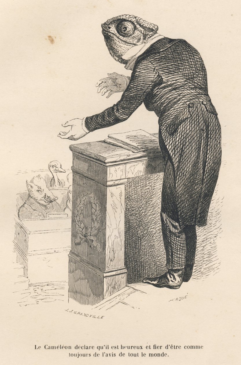 The Chameleon Declares He Is Happy and Proud to Always Agree with Everyone. Illustrated Vignettes by JJ Granville. Engraving Signed Caque in the Prologue 