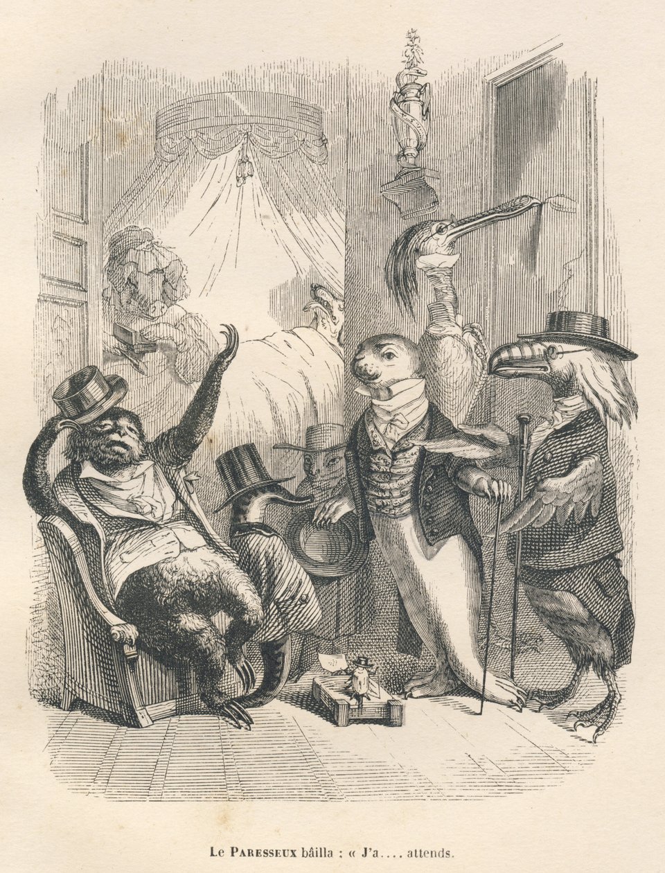The sloth yawned as he waited. Illustrated vignettes by JJ Granville. Engraving signed Godard in the section titled "The Animal Doctors" written by Pierre Bernard in "Scenes from the Private and Public Life of Animals". Paris, J. Hetzel and Paulin by Grandville