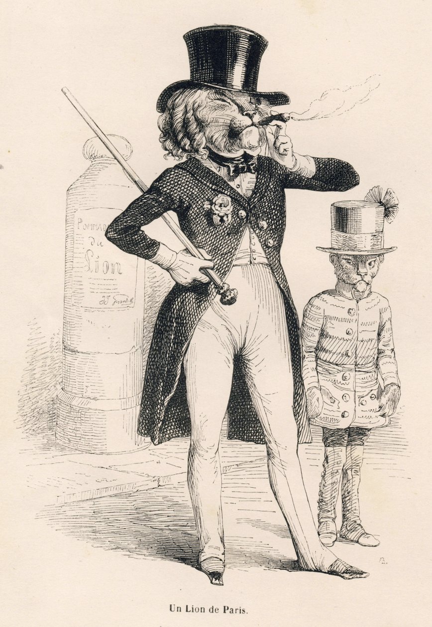 Lion of Paris. Illustrated vignettes by JJ Granville. Engraving signed Andrew, Best and Leloir in the section titled "Voyage of an African Lion to Paris" written by Honore de Balzac in "Scenes from the Private and Public Life of Animals". Paris, J. Hetzel  by Grandville
