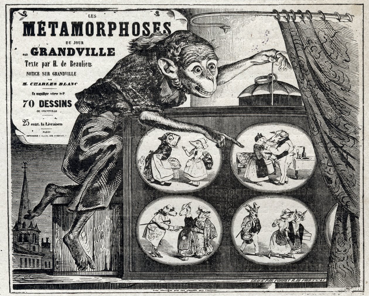 Literature. The Daily Metamorphosis, by the Caricaturist Jean Jacques Grandville. Poster, France by Grandville