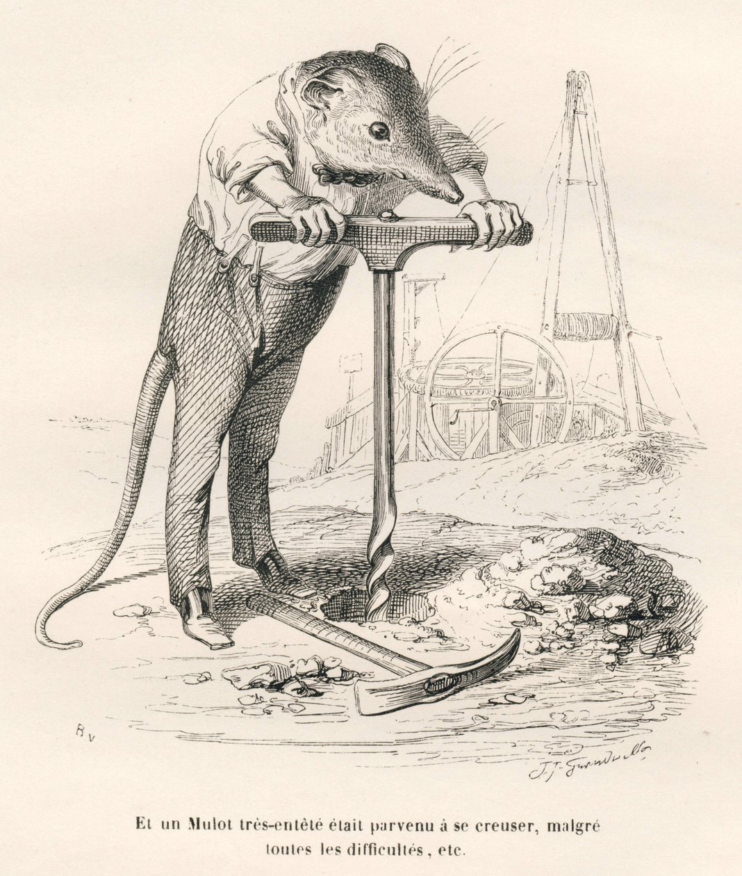 Mouse Perforating the Ground. Illustrated Vignettes by JJ Granville. Engraving Signed Breviere in the Section Titled 