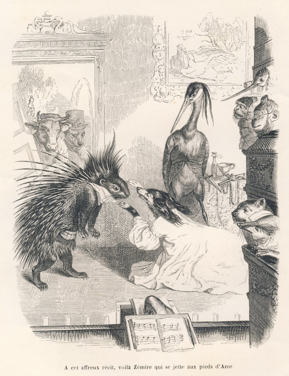 Opera with a porcupine, a dog and a heron on stage. Illustrated vignettes by JJ Granville. Engraving signed Godard in the section titled "The First Serial of Pistolet" written by Jules Janin in "Scenes from the Private and Public Life of Animals" by Grandville