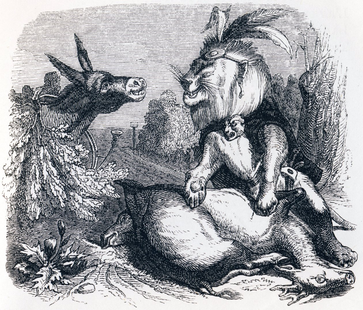 The Lion and Donkey Hunting - Fables by La Fontaine by Grandville