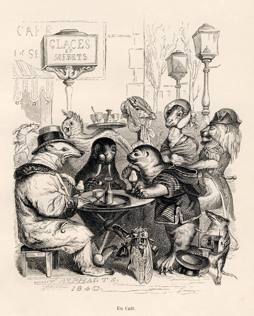 A Cafe Frequented by Animals of All Kinds. Illustrated Vignettes by JJ Granville. Engraving Signed Godard in the Section Titled 