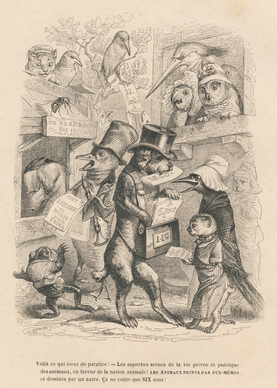 Here is What Just Appeared. Cat and Bird Selling the Present Book for Six Sous. Illustrated Vignettes by JJ Granville. Engraving Signed by Andrew, Best, and Leloir in the Prologue Titled 