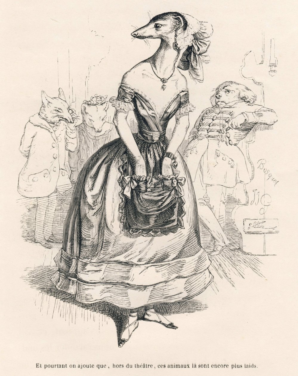 ... outside the theater, these animals are even uglier. Illustrated vignettes by JJ Granville. Engraving signed Godard in the section titled "The First Serial of Pistolet" written by Jules Janin in "Scenes from the Private and Public Life of Animals" by Grandville