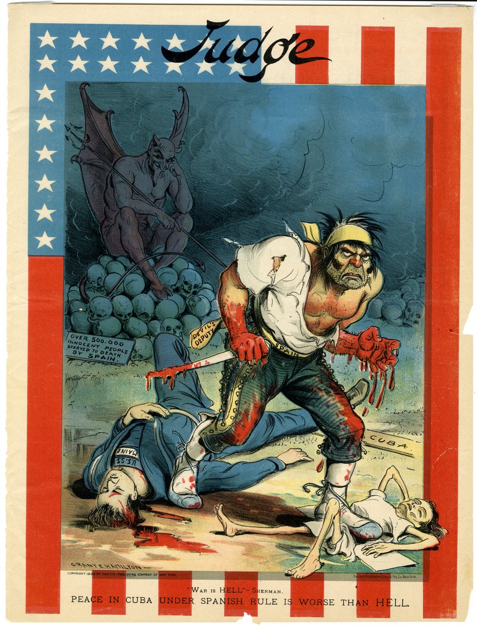 War is Hell - Sherman, Peace in Cuba Under Spanish Rule is Worse Than Hell, Illustration from Judge, 30th April, 1898 by Grant E. Hamilton