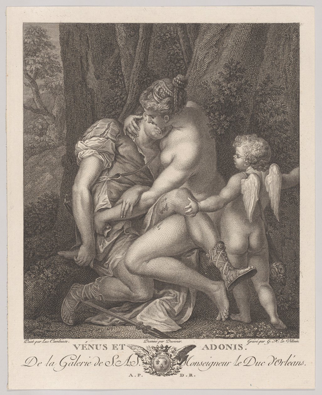 Venus mourning Adonis, seated beneath a tree and embracing him, with Cupid at right by Gérard René Le Vilain
