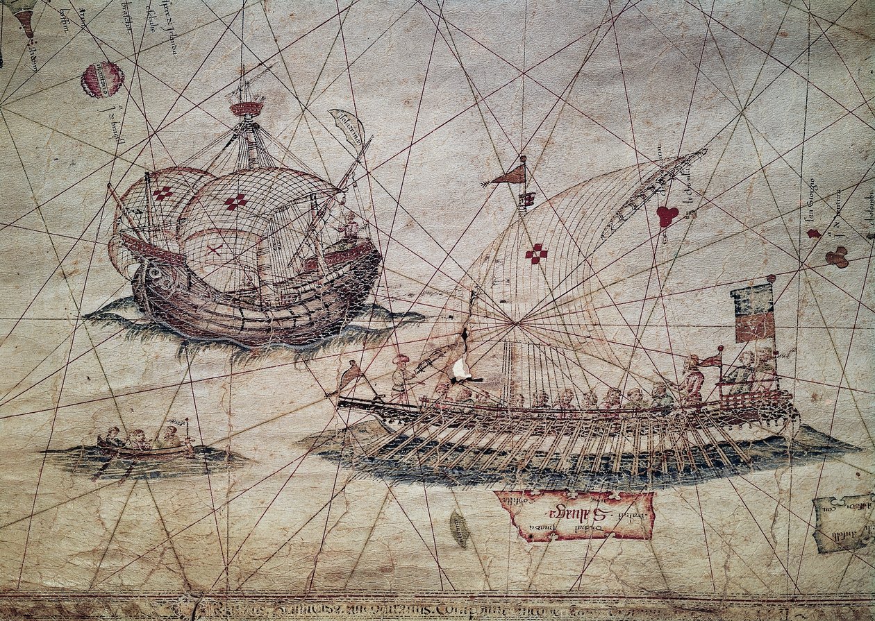Galley and Portuguese caravel (detail) by Grazioso Benincasa