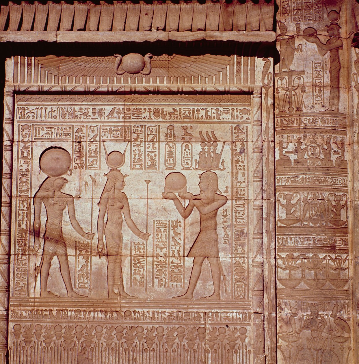 Relief Depicting a Pharaoh Making an Offering to Hathor and Horus, from the Roman Birth House, or Mammisi, at Dendera by Greco Roman